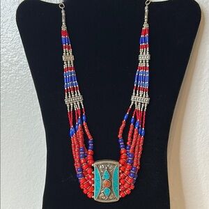 Multicolor Beaded Necklace with turquoise and coral inlay pendant